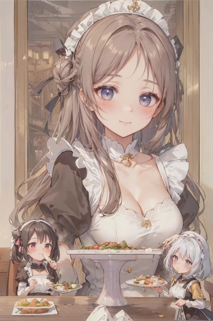 simple background, (3girls:1.8), (height_difference:1.8), (size_difference:1.5), (modern restaurant:1.3), (collarbone), (giantess:1.5), (foreshortening: 1.1), (adult woman: 1.4), elegant hair, (maid uniform), (multiple girls eating food on a tiny table: 1.5), (from sky view: 1.1), (crowds of people: 1.5), (minigirl), (tall girl: 1.1), professionally drawn, (huge breasts), (cleavage sweat), (anime drawing:1.1), (simple bold lines: 1.1), (anime:1.1), (very cute anime girl), (bright), (low contrast), (prettiest teenage girl), (mature face: 1.4), (tall girl with big breasts: 1.2),