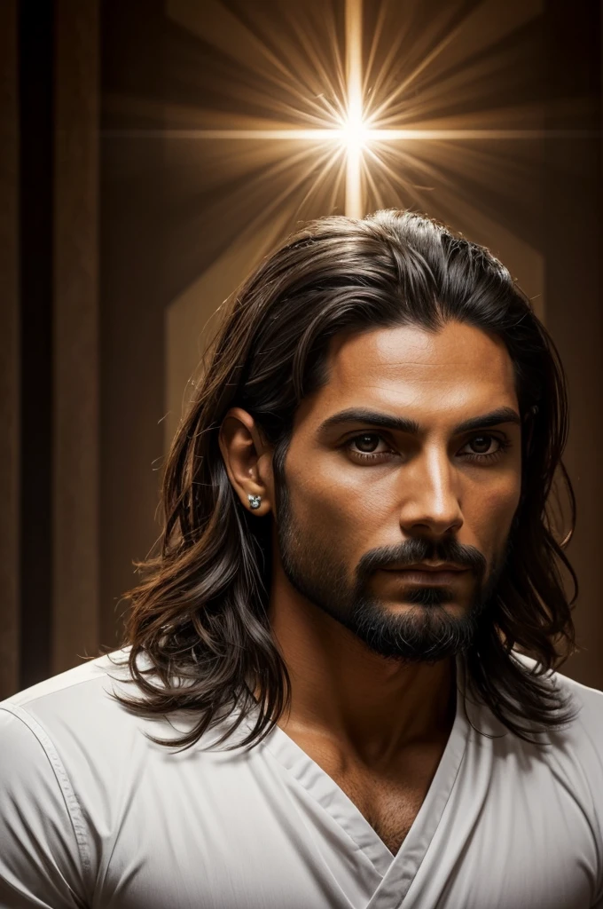 jesus cristo, homem de 33 anos, masculino, barba e cabelo castanho, (homem santo), coroa de espinhos na cabeça, espinhos de madeira, (imagem em HD), imagem de frente, cristo jesus, vestindo com um manto, roupa de rei, manto vermelho, cor vermelha, (((melhor qualidade de imagem))), super realista, (((jesus cristo))), filho de deus, Todos Poderosos, (((luz divina)))