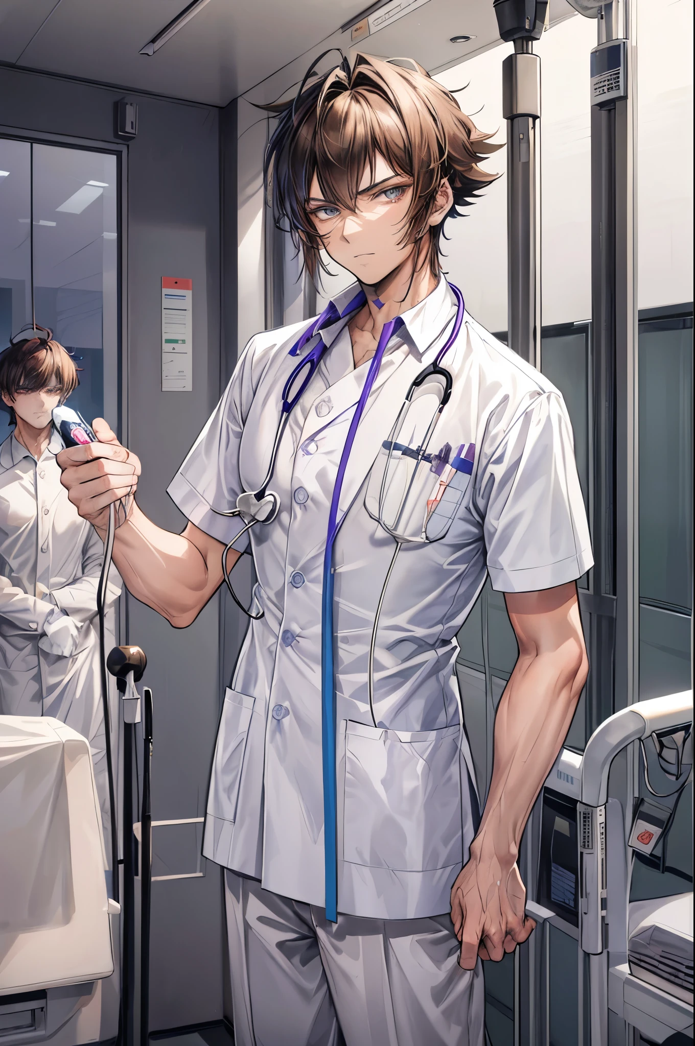 Anime character in a hospital room with a nurse in the background