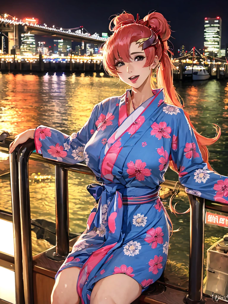 Qualidade Superior, garota, sexual Yukata, (huge seios: 1.5), Penteado bonito, Tokyo Bay, from the top of the tourist boat, vista noturna, fireworks, sexual expression, Panchira, Yukata, seios