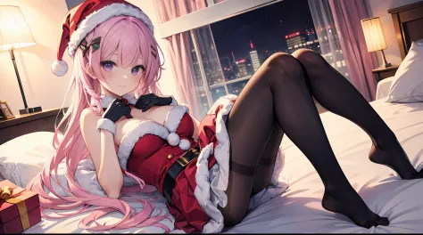 one-girl，soio，170cm height，45CM bust，A pink-haired，Purple eye，the night，gentleness，ssmile， Extremely detailed, Wearing miniskirt Santa Claus costume, Santa Claus costume with warm fur,In the bedroom，((lacepantyhose))，black glove，With bare arms，mitsukasa ay...
