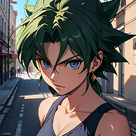 broly saiyan, une veste. mettant un casque, main dans les poches, se baladant dans la rue une ville. joyeuse. female version of ...