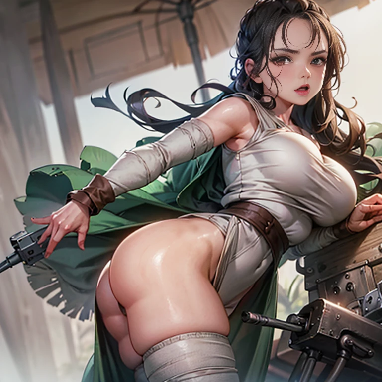 Rey star wars, ultra realistic, overflowing breasts, big thighs, looking at  ass - SeaArt AI