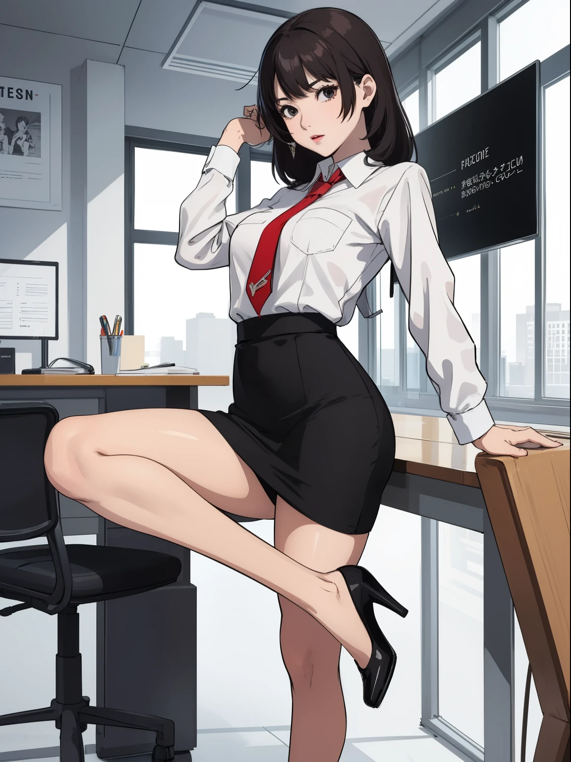 A woman in a skirt and tie is sitting at a desk - SeaArt AI