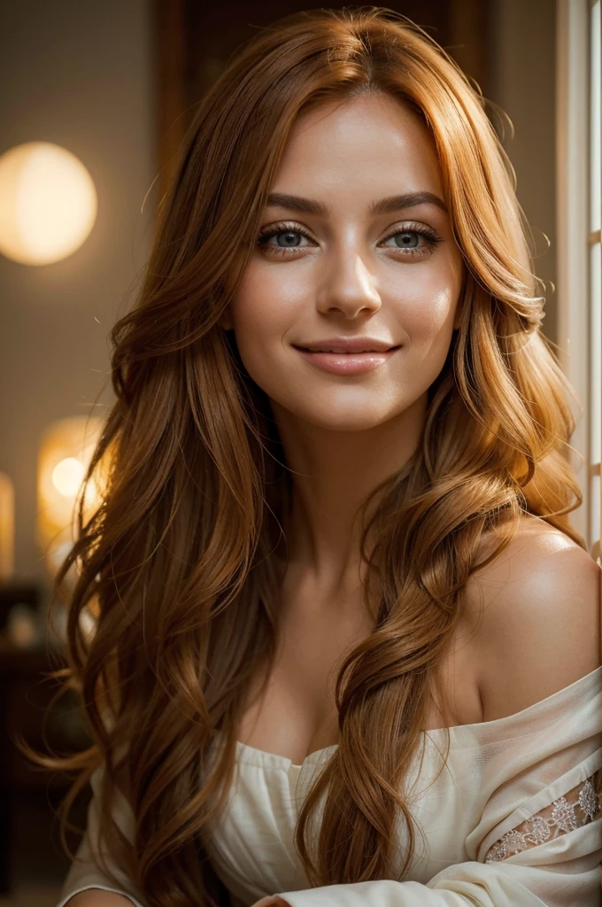 A cute, radiant and blissful woman, her long, flowing orange hair cascades  beautifully, complementing her mesmerizing grey eyes and glossy lips. With  an expression of pure joy and contentment - SeaArt AI