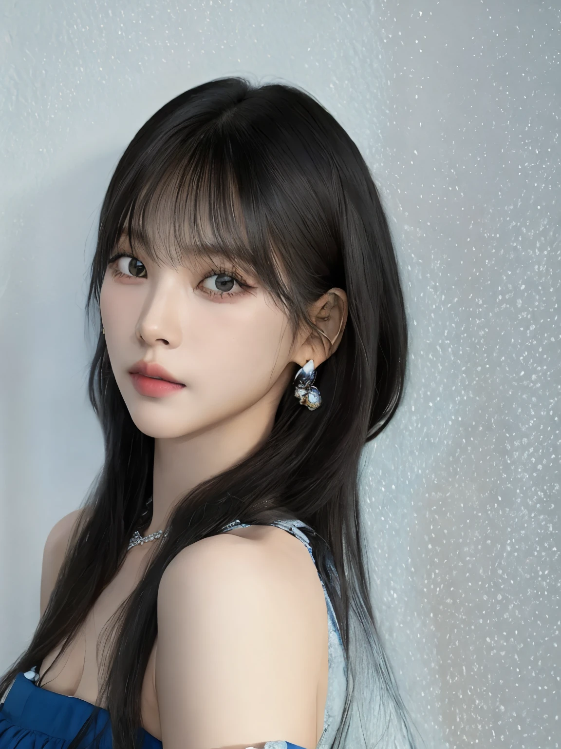 Mujer arafed con largo cabello negro y vestido azul., Lalisa Manobal, silver arete, ulzzang, SSAO 8 K, Jinyoung Shin, Render de abril, Sakimichan, con flequillo, Sun Yunjoo, arete, neat hair con flequillo, Capturado con Canon EOS R 6, Shikamimi, [ foto realista ]!!