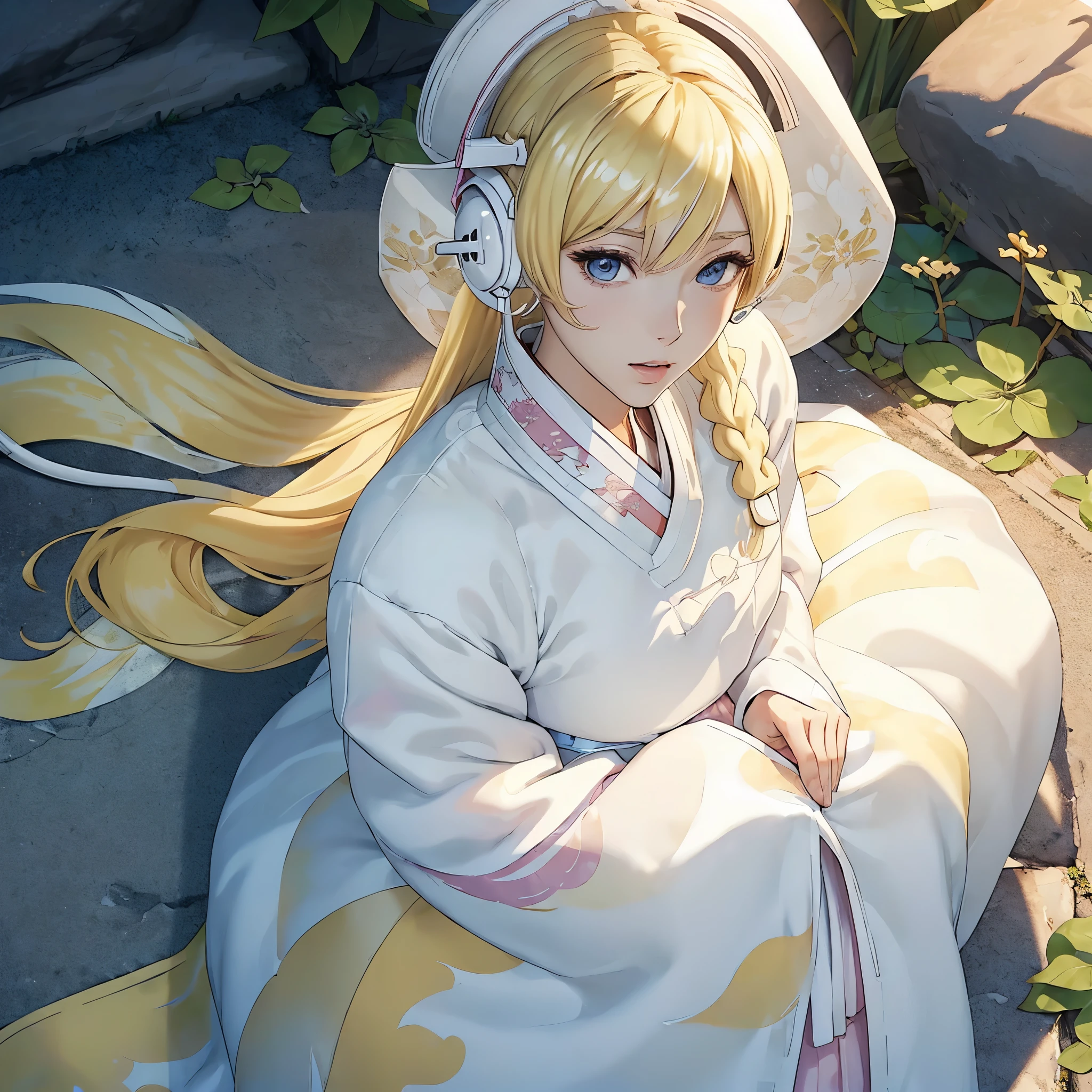 (((White Headphone))), (((Blonde))), (((Tall))), (((Slender))), (((Hanbok))), cleavage, (((Beautiful face))), Dragon Pattern, (((anime))), (((pastel)))