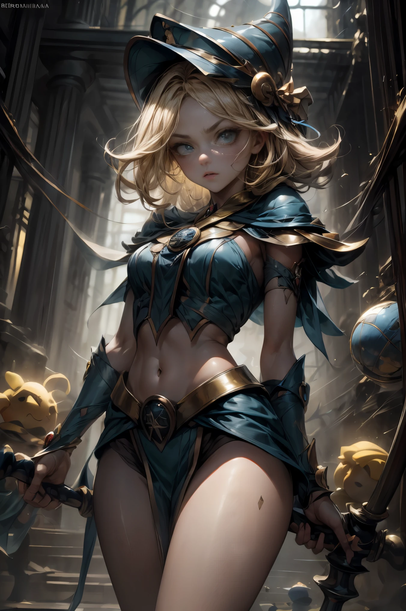 (8k,photorealistic　Raw photography　highest qualityr;1.4) 　(1girl in)　super beauty　(realistic face)　femenine body 　(Blonde with long curls)　Hold a black and red magic wand　combat scene　Magic hat with black and gold exterior　Beautiful expression　Glare　(Real looking skin)　(Giles dark wizards)　tempting　超A high resolution　A hyperrealist　High detail　Full body photo　remains