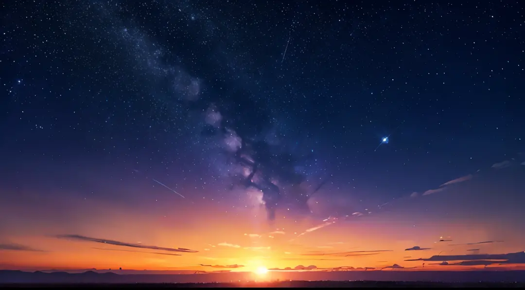 starry night sky, no people in image, just background, bottem orange sunset haze, top starry night sky