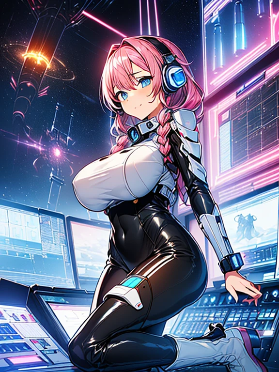 ​masterpiece:1.4, 1girl in ((20yr old, Wearing a tight, futuristic metallic white bodysuit,long boots, huge-breasted, A pink-haired, long,Braided hair,marguerite&#39;Hairstyles, Perfect model body, Blue eyes:1.4, Wearing headphones, Flirting, Happy,  Looking out the window of the futuristic sci-fi space station、While admiring the beautiful galaxy:1.2, SFSF control room on night background:1.1, Neon and energetic atmosphere:1.2)) ((Galaxy)) ((Solo:1.6))