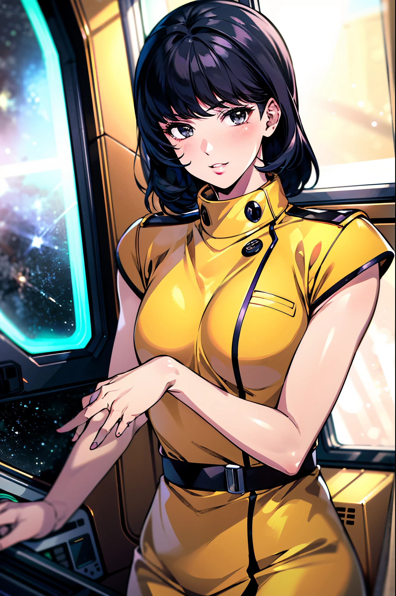 8k,(masterpiece:1.4)(best quality:1.4),(top quality), 1girl,fayuiry,black hair, black eyes, yellow dress,  uniform, inside spaceship, galaxy, window ,indoors,   looking at viewer,  solo focus,(shiny skin),steaming body ,
