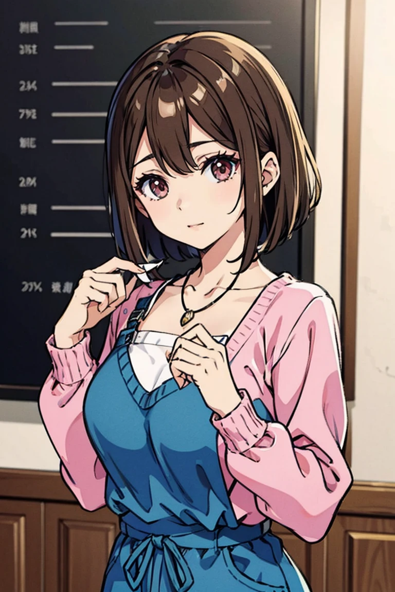 Yuu Ohta, brown hair, short hair, olhos castanhos, pink sweater, fora da camisa de ombro, saia azul, colar, seios grandes, clivagem, inclinando-se para a frente