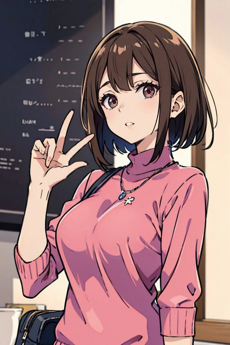 Yuu Ohta, brown hair, short hair, olhos castanhos, pink sweater, fora da camisa de ombro, saia azul, colar, seios grandes, clivagem, inclinando-se para a frente