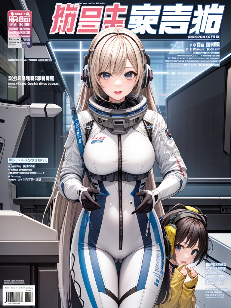 top-quality、Magazine Viewing、magazine title、fashion magazine、masuter piece、covers、2girls、(White spacesuit)、(a blond):1.5、(Futuristic, tight-fitting bodysuit)、head phone、Cyberpunk spaceship interior background、​masterpiece、top-quality、