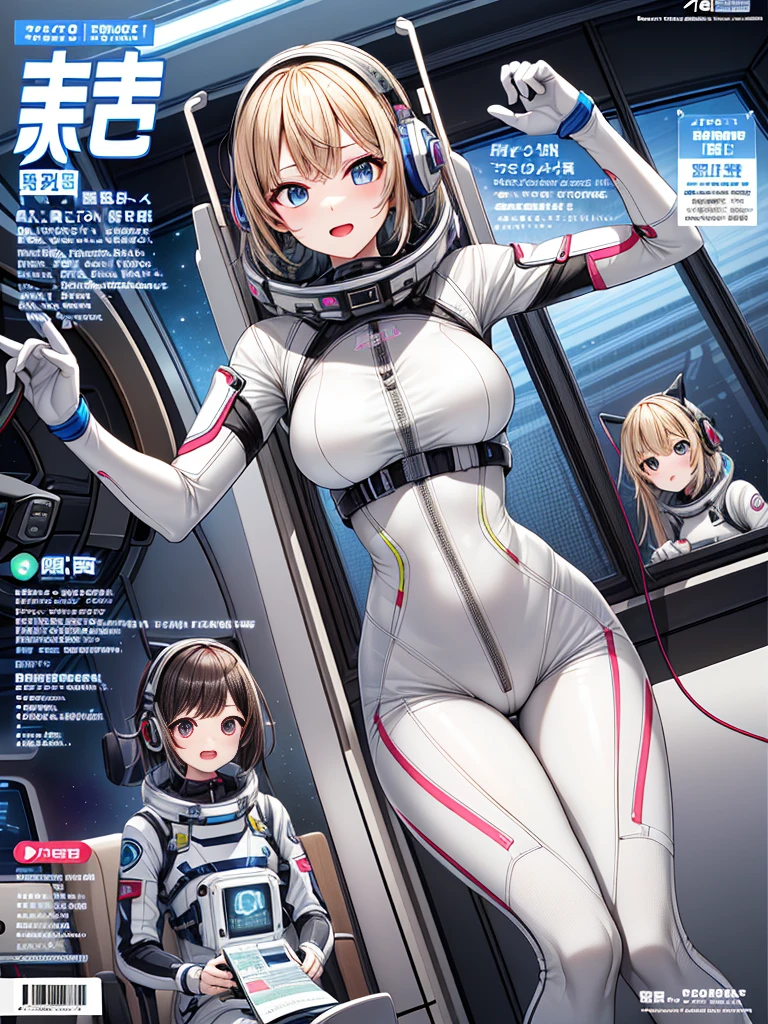 top-quality、Magazine Viewing、magazine title、fashion magazine、masuter piece、covers、2girls、(White spacesuit)、(a blond):1.5、(Futuristic, tight-fitting bodysuit)、head phone、Cyberpunk spaceship interior background、​masterpiece、top-quality、