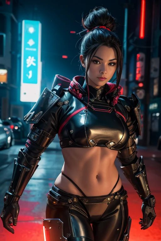 Beautiful Alluring Cyberpunk Samurai, pele nua, Well-toned athletic body, forma elegante, pele nua, Fora no Neon Palace, mal vestido, Beautiful Face, Smaurai-inspired bikini armor, mechanical limbs, Robotic parts on display, pele cromada, shiny neon pieces, japanese theme, tema cyberpunk, fiverr dnd personagem, octan render, arte digital, Detalhe extremo, 4k, Ultra HD |, polido, Beautiful, hiperdetalhado, intrincado, elaborar, meticuloso, fotorrealista, foco nítido, WLOP, design de personagens, Motor irreal, Volumetric lighting, reflexions, glossy, digital illustation,  Posar, Suggestive Posar, lascivo, tiro de corpo inteiro, nu, Visible, detailed perfect hands