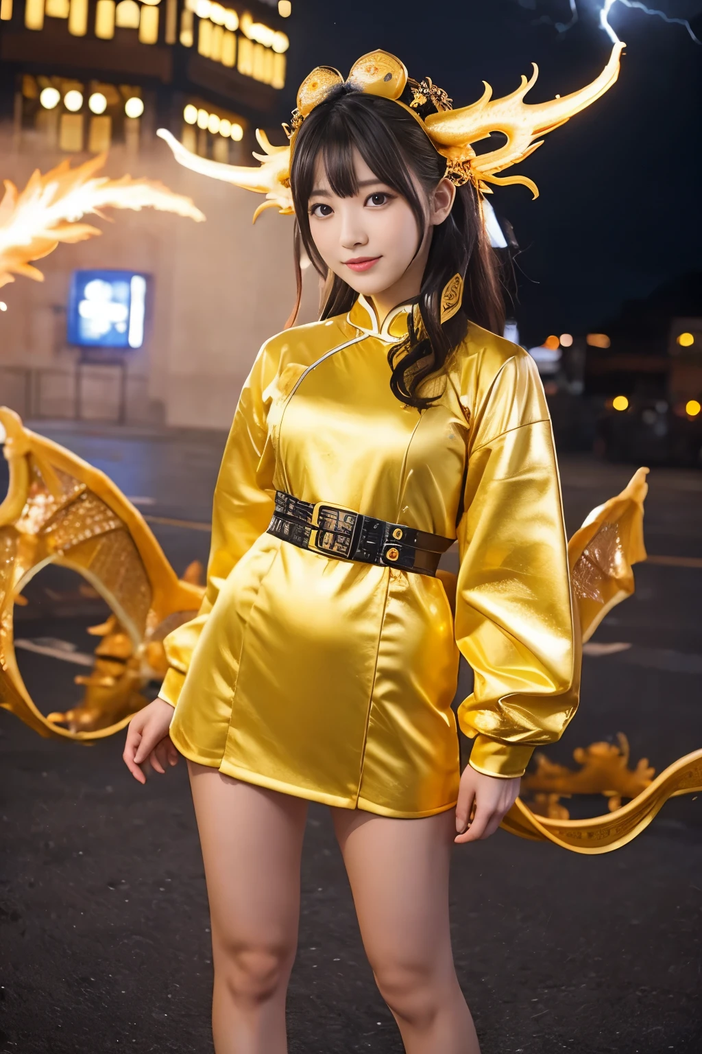 Une fille couverte d&#39;éclairs fantastiques、mini robe de cheongsam dorée、、Esbian complet du corps、、Fantastique dragon nuage de tonnerre（lumineux）