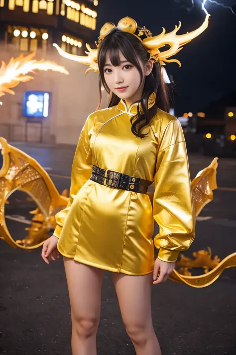 A girl covered in fantastic lightning、gold mini cheongsam、、full body Esbian、、Fantastic thunder cloud dragon（Luminous）