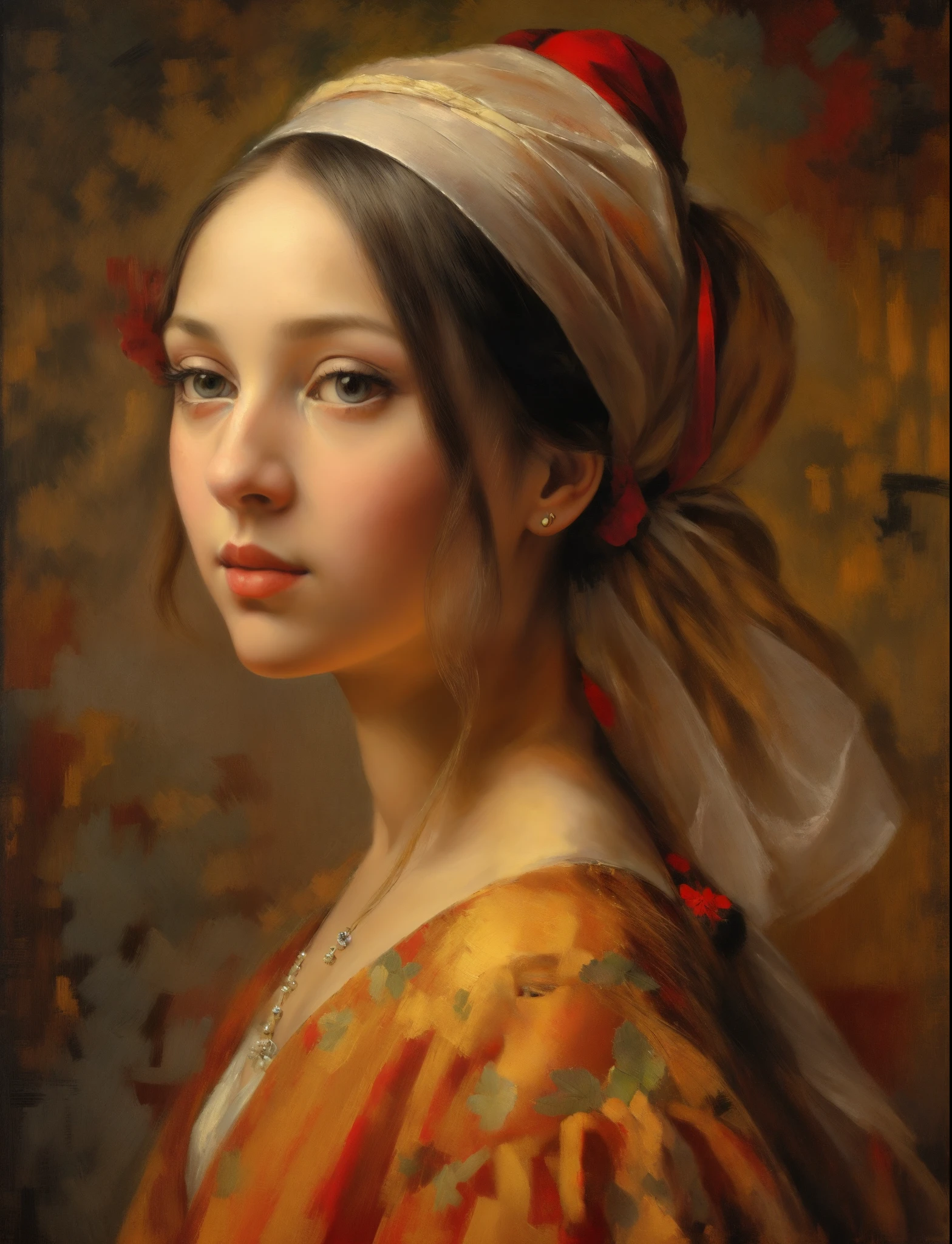 oil painting, Slavic-looking woman with a light cream headband tied with a large bow behind her head and a red red dress , Large, detailed eyes , black eyelashes, looking at the camera,  Realistic portrait of the Renaissance, beautiful portrait, , oil painted, Davinci painting style, Beautiful surreal portrait, , beautiful digital artwork