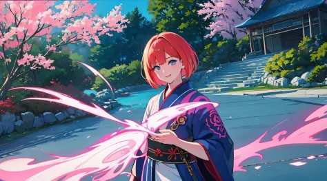 1 girl in,Redhead Bob Cut、Blue eyes、Light blue kimono 、A smile、Looking sideways at me、profile、Pink Dragon、shrines,in 8K, A hyper...