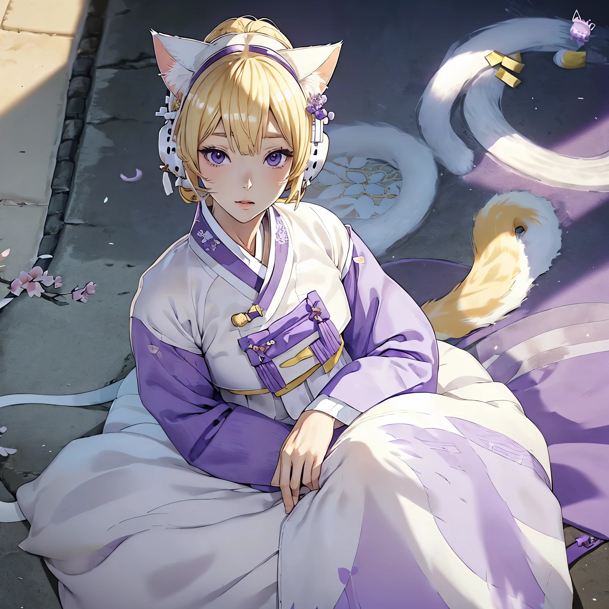 (((White Headphone))), (((Blonde))), (((Tall))), (((Slender))), (((Purple Hanbok))), cleavage, (((Beautiful face))), (((anime))), (((pastel))), (((cat ears)))