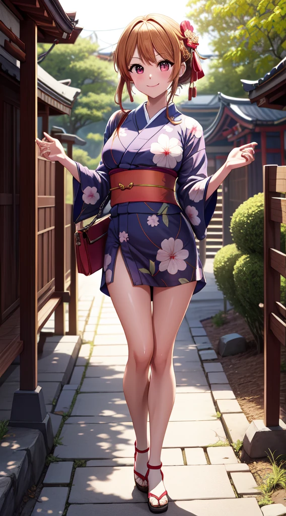 anime, beautiful face, highly detailed face, 2 accurate legs detailed eyes, highly detailed background, perfect lighting, accurate arms, accurate hands, accurate fingers, full body, 1girl, solo, ruby hoshino, oshi no ko, outdoors, detailed heels, absurdres, high res, ultrasharp, 8K, masterpiece, elegant pose, (full body:1.4), teasing smile, wearing a yukata, beautiful yukata,  at a shrine, at a shrine to make a offering, hands together praying