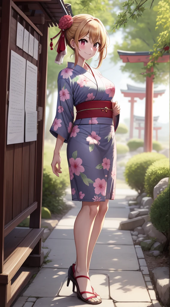 anime, beautiful face, highly detailed face, 2 accurate legs detailed eyes, highly detailed background, perfect lighting, accurate arms, accurate hands, accurate fingers, full body, 1girl, solo, ruby hoshino, oshi no ko, outdoors, detailed heels, absurdres, high res, ultrasharp, 8K, masterpiece, elegant pose, (full body:1.4), teasing smile, wearing a yukata, beautiful yukata,  at a shrine, at a shrine to make a offering, hands together praying