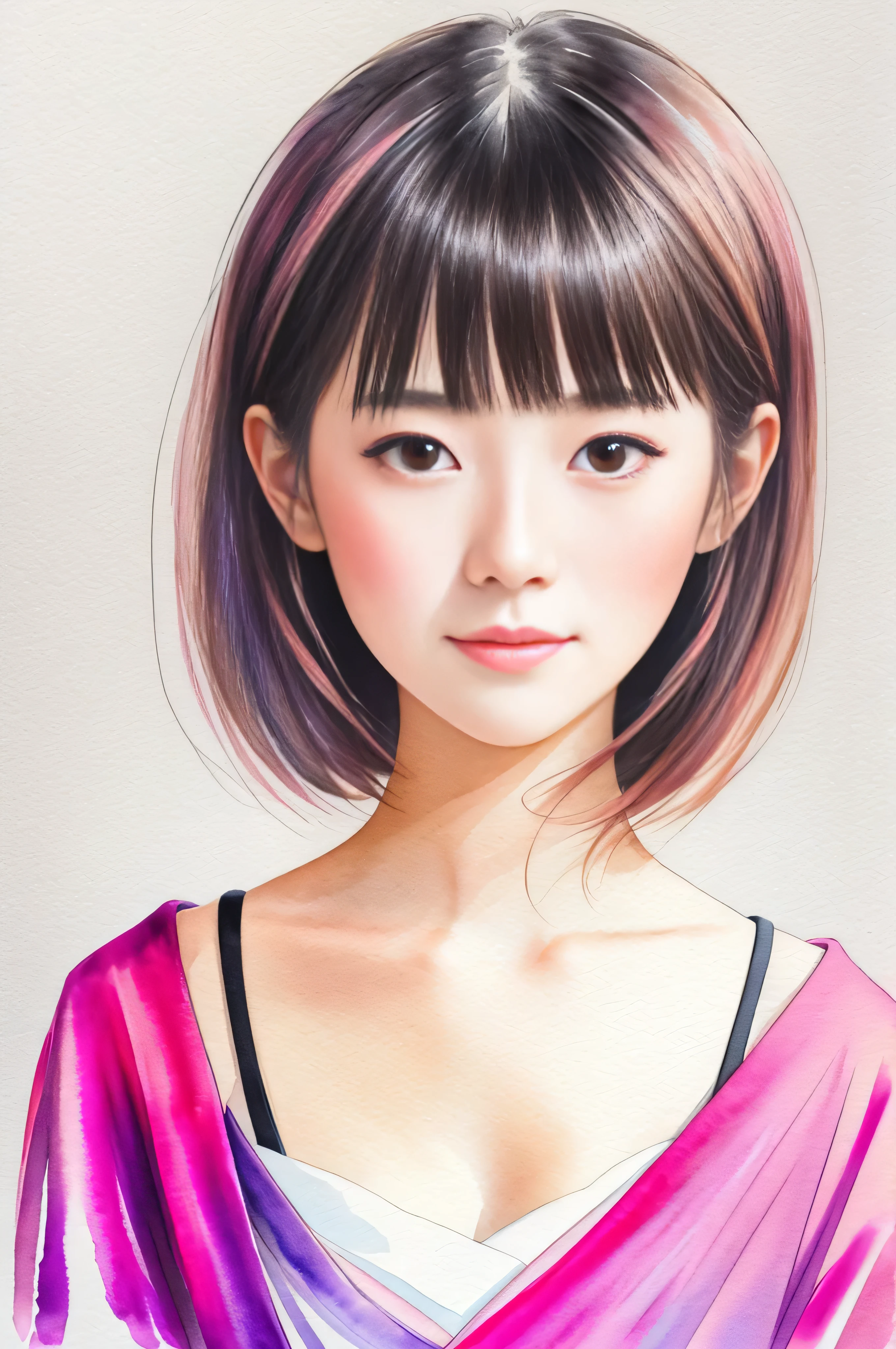 水彩风格、日本人、一个美丽的女孩、一位妇女的肖像、明亮的设计、柔和的颜色、墨滴、那里是粉红色、中提琴