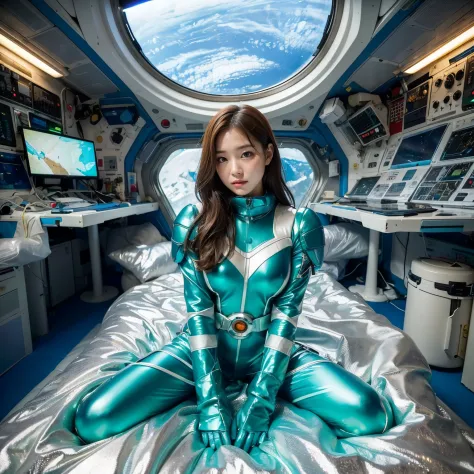 Works of masters，超A high resolution，8K分辨率，Depth of field suitable facial features，Glowing skin，girl，solo person，High Quality、Photo quality、A woman wearing a shiny blue super-class suit is sitting on the bed, powerful woman sitting in space, beautiful woman...