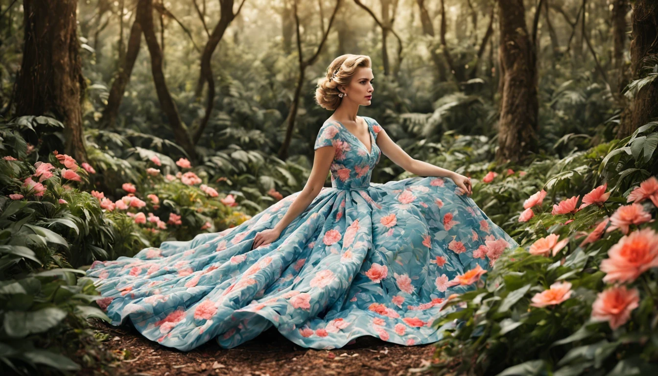 uma fada floral "Grace Kelly com vestido Azul longo", as central in a whimsical forest setting, where vibrant flowers and lush vegetation create a magical setting. A fada floral, a delicate and ethereal being, Paira graciosamente entre as flores, suas asas fofoqueiras brilhando sob a luz do sol fraca. She wears a dress woven of petals and leaves, adorned with intricate floral patterns that mirror its surroundings, randome pose