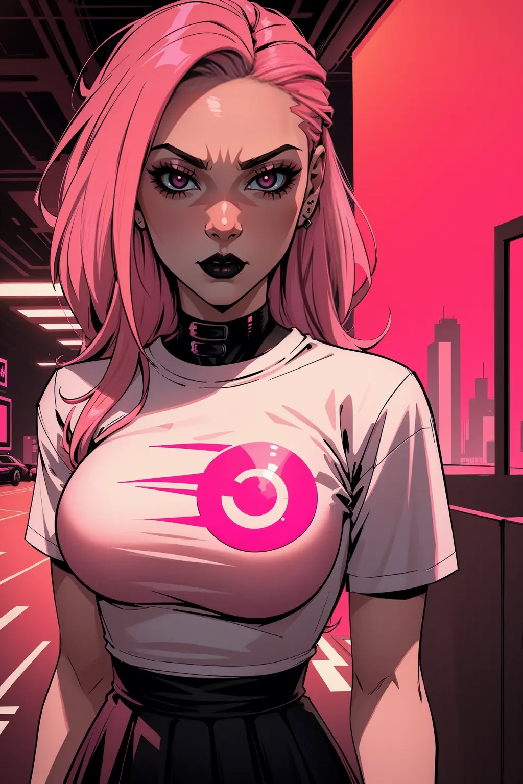 a woman with medium salmon-pink hair, wearing a white comic t-shirt and black skirt, cyberpunk art, gothic art, cute aesthetic w...