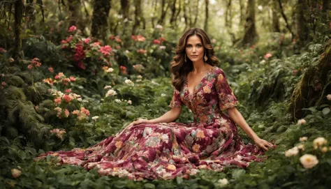 uma fada floral "Jaclyn Smith com vestido Vinho longo", as central in a whimsical forest setting, where vibrant flowers and lush...