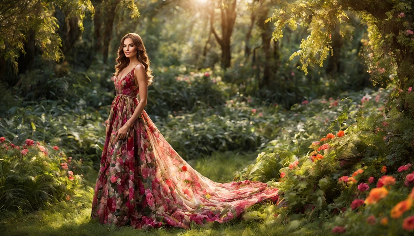uma fada floral "Jaclyn Smith com vestido Vinho longo", as central in a whimsical forest setting, where vibrant flowers and lush vegetation create a magical setting. A fada floral, a delicate and ethereal being, Paira graciosamente entre as flores, suas asas fofoqueiras brilhando sob a luz do sol fraca. She wears a dress woven of petals and leaves, adorned with intricate floral patterns that mirror its surroundings, randome pose
