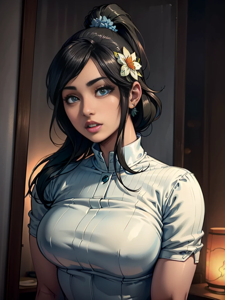 (ultra-detailed, realistic:1.37), [portrait], (best quality, highres, masterpiece:1.2), vibrant colors, sunlight, green garden, flowers, white dress, beautiful detailed eyes, beautiful detailed lips, long eyelashes, dark black hair in a high ponytail, red flower hair ornament. enormes senos