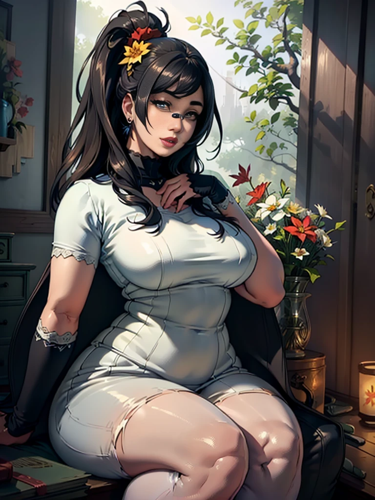 (ultra-detailed, realistic:1.37), [portrait], (best quality, highres, masterpiece:1.2), vibrant colors, sunlight, green garden, flowers, white dress, beautiful detailed eyes, beautiful detailed lips, long eyelashes, dark black hair in a high ponytail, red flower hair ornament. enormes senos