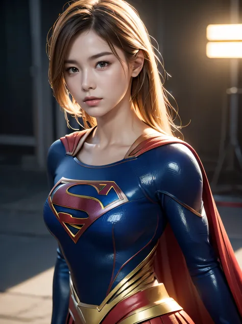 1girl in, Beautiful girl of half Thai-Japanese descent,Blonde Hair,(Supergirl suit), Superman logo, dark hair, Slim body,big nip...