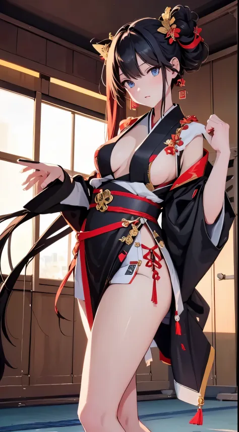 (best quality,8k,highres,masterpiece:1.2),ultra-detailed,realistic, karate,The leg is high up, roundhouse kick, 19-year-old girl, wearing a tight-fitting kimono, large breasts, slender figure, highly detailed face, black long hair tied up in a bun. Europea...