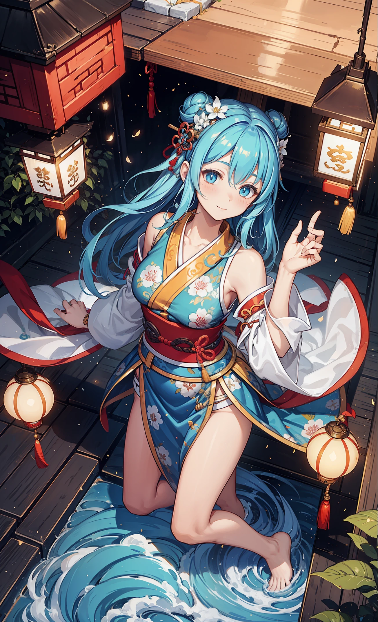 natta，themoon，game scenes，Ancient Chinese palace located in a mysterious atmosphere，surrounded by cloud，Teenage girl，having fun，glazed tiles，lanterns，Pure and transparent Chinese clothes，enchanted，, tmasterpiece，high high quality，Beautiful graphics，high detal