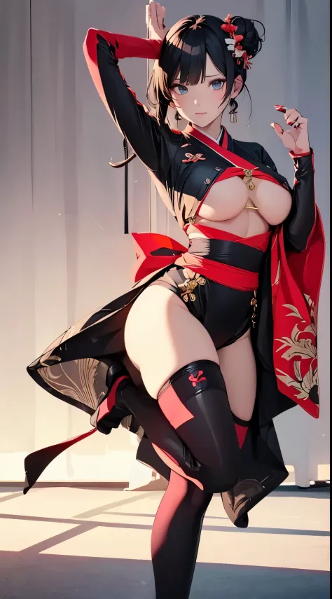(best quality,8k,highres,masterpiece:1.2),ultra-detailed,realistic, karate,The leg is high up, roundhouse kick, 19-year-old girl, wearing a tight-fitting kimono, large breasts, slender figure, highly detailed face, black long hair tied up in a bun. Europea...