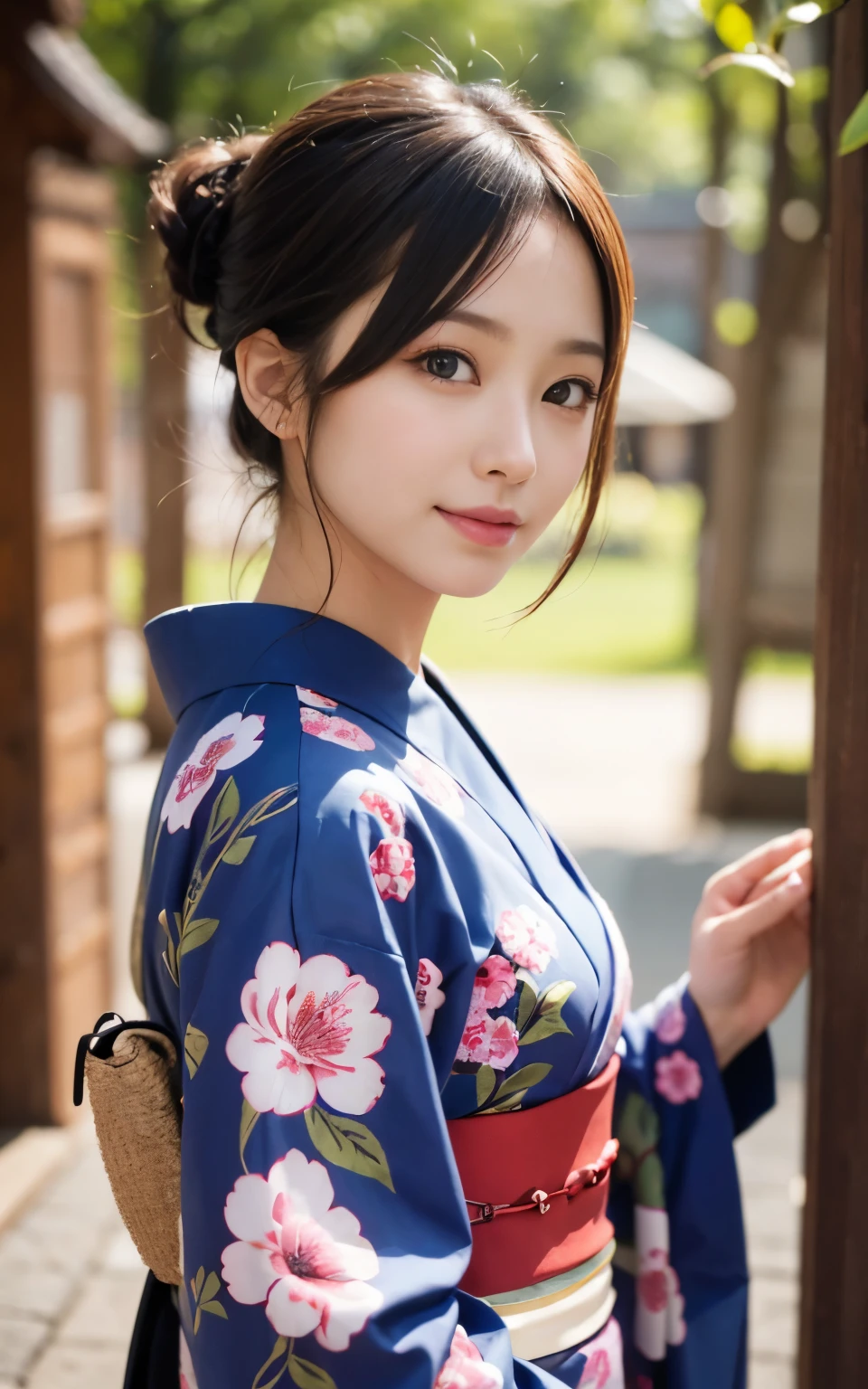 可爱的 21 岁 日本、超级细节脸、细节之眼、双眼皮、漂亮又纤细的鼻子、锐利的焦点:1.2、漂亮女人:1.4、(浅棕色的头发,短发, 白皮肤、顶级品质、发光、杰作、超高分辨率、(相片写实:1.4)、和服、日本の和服、日本传统、最美的微笑、