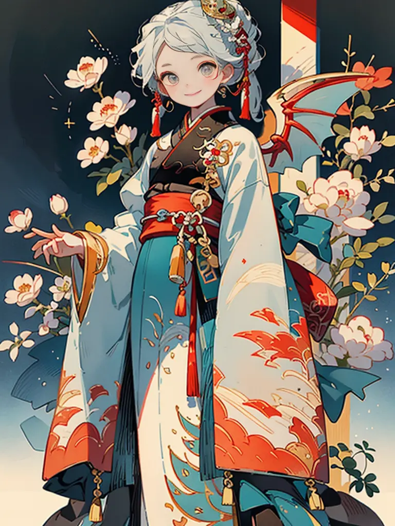 animations、​masterpiece, supreme, Beautiful girl with dragon wings、A smile、chinese clothes、tutelary、White dragon on background、F...