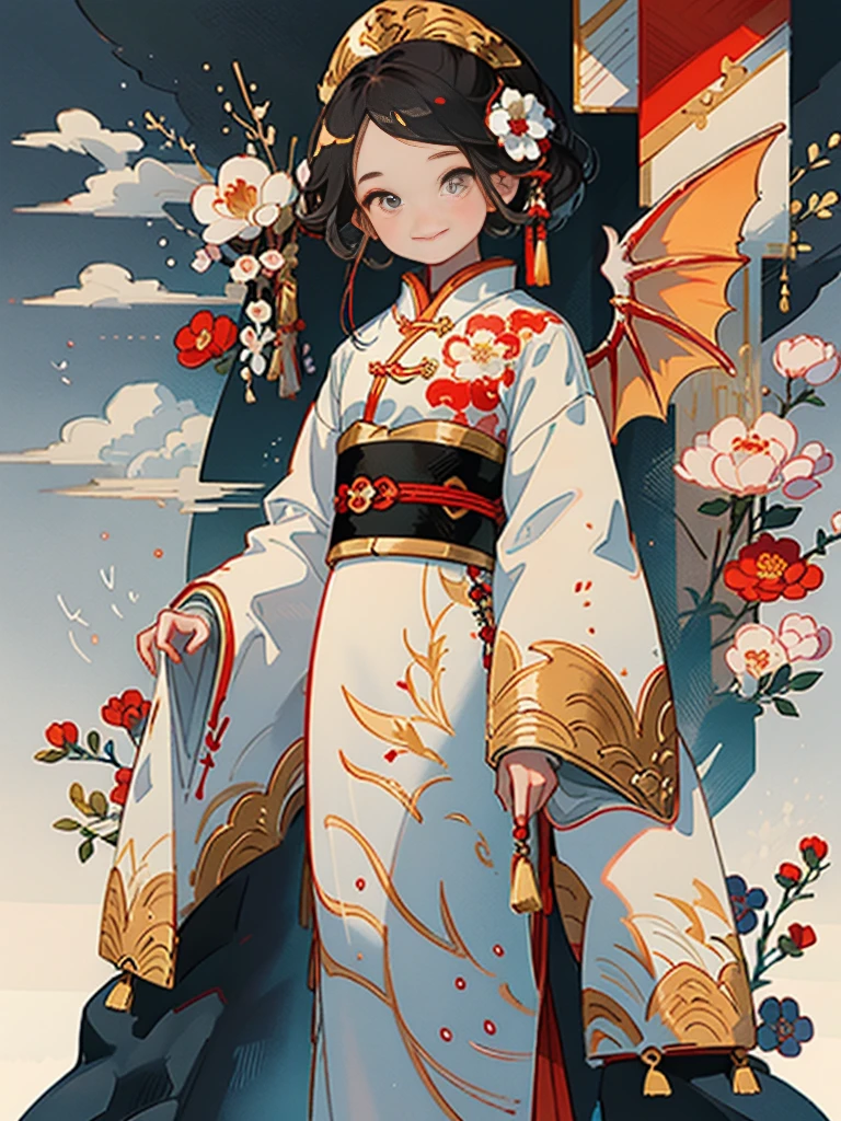 animations、​masterpiece, supreme, Beautiful girl with dragon wings、A smile、chinese clothes、tutelary、White dragon on background、Fantasia、Highly detailed, Smooth and sharp focus,