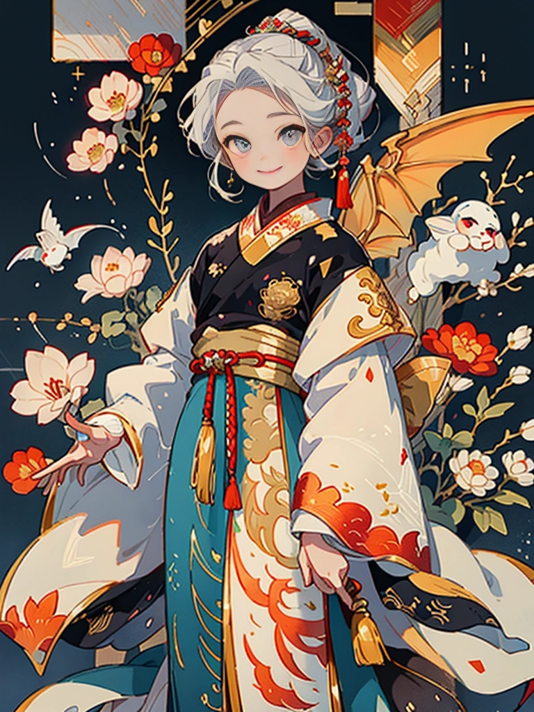 animations、​masterpiece, supreme, Beautiful girl with dragon wings、A smile、chinese clothes、tutelary、White dragon on background、Fantasia、Highly detailed, Smooth and sharp focus,