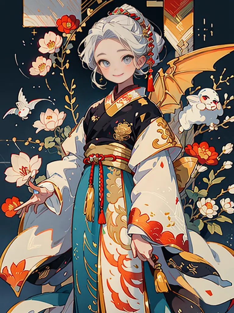 animations、​masterpiece, supreme, Beautiful girl with dragon wings、A smile、chinese clothes、tutelary、White dragon on background、F...