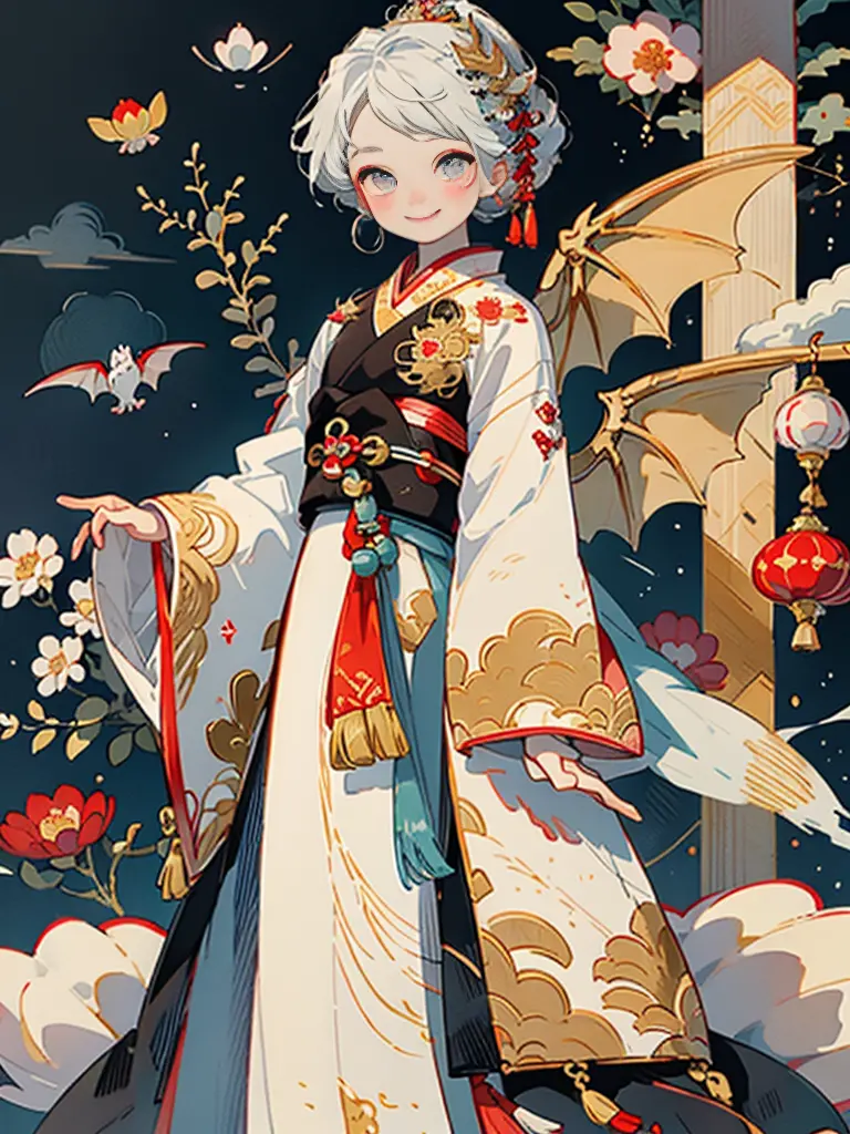 animations、​masterpiece, supreme, Beautiful girl with dragon wings、A smile、chinese clothes、tutelary、White dragon on background、F...