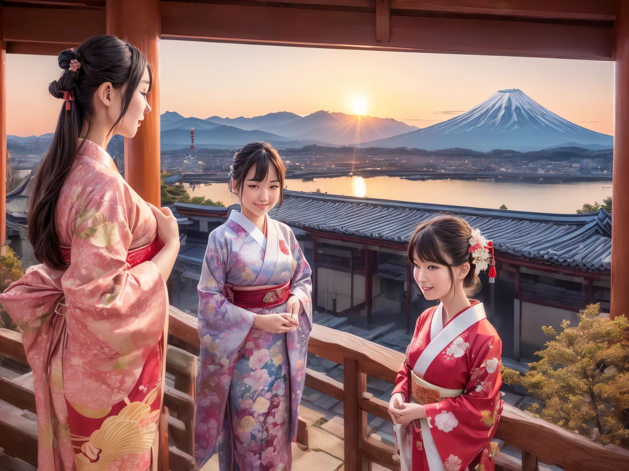 (best quality, realistic:1.37), traditional Japanese New Year's picture scroll, detailed illustration with vibrant colors, beautifully painted scenery, impressive depiction of Mount Fuji in the background, ively portrayal of people dressed in kimono celebrating the New Year, (carefully crafted depiction of a radiant sunrise on New Year's Day)