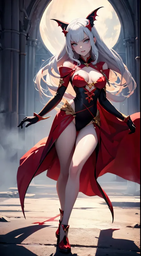 beautiful European girl (model-like appearance). Long legs. Slim body with beautiful curves and shapes. Medium-sized breasts. Wearing a New Year's outfit. Floating above the ground. Vampire (with small fangs) with an evil expression. (prompt: "beautiful Eu...