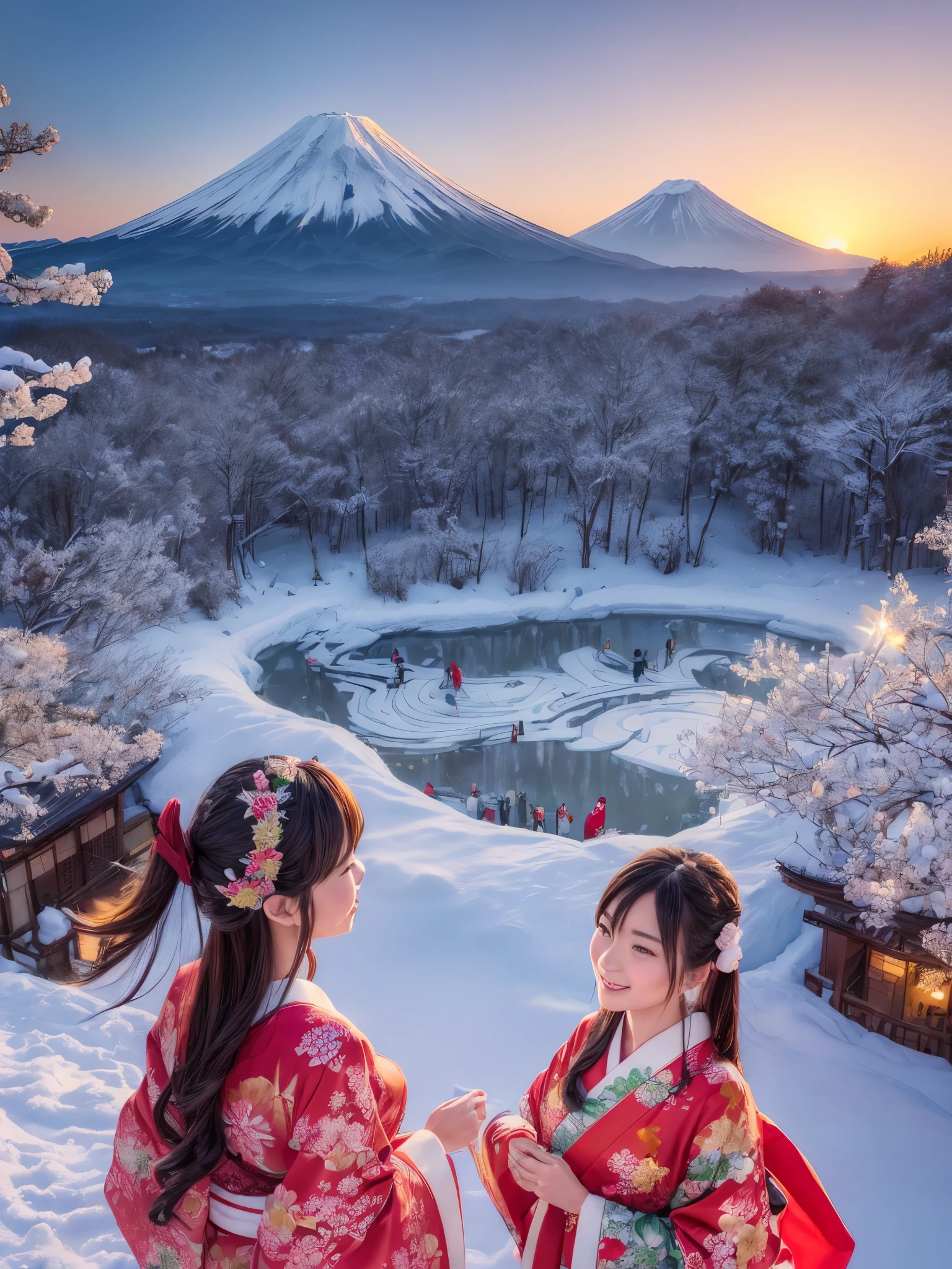 (best quality, realistic:1.37), traditional Japanese New Year's picture scroll, detailed illustration with vibrant colors, beautifully painted scenery, impressive depiction of Mount Fuji in the background, ively portrayal of people dressed in kimono celebrating the New Year, (carefully crafted depiction of a radiant sunrise on New Year's Day, winter, snow)