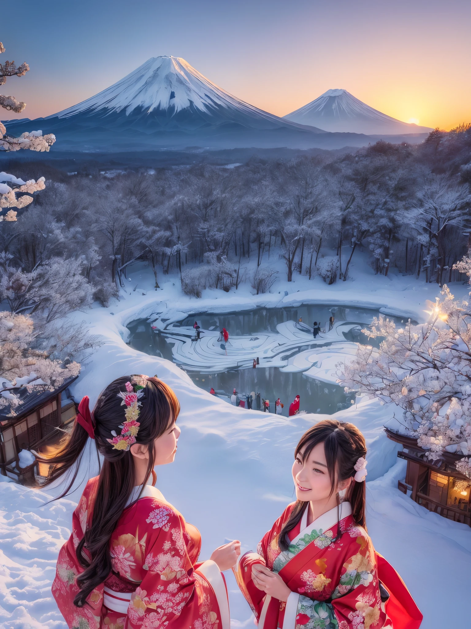 (beste Qualität, realistisch:1.37), traditionelles japanisches Neujahrsbild, detailreiche Illustration mit lebendigen Farben, wunderschön gemalte Landschaft, beeindruckende Darstellung des Mount Fuji im Hintergrund, lebendige Darstellung von Menschen in Kimono, die das neue Jahr feiern, (sorgfältig gestaltete Darstellung eines strahlenden Sonnenaufgangs am Neujahrstag, winter, Schnee)