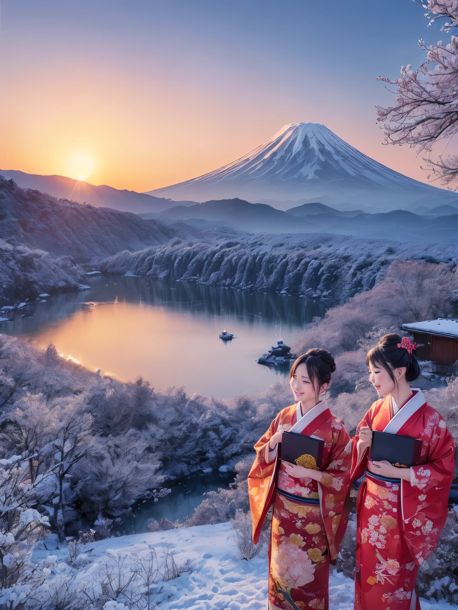 (best quality, realistic:1.37), traditional Japanese New Year's picture scroll, detailed illustration with vibrant colors, beautifully painted scenery, impressive depiction of Mount Fuji in the background, ively portrayal of people dressed in kimono celebrating the New Year, (carefully crafted depiction of a radiant sunrise on New Year's Day, winter, snow)